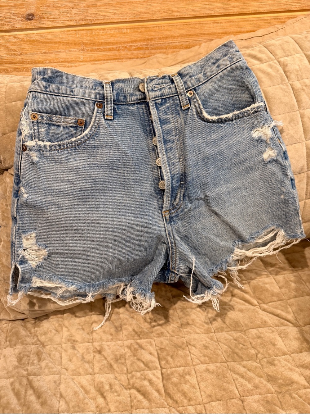 Agolde Light Blue High-Rise Distressed Button-Fly Jean Shorts
